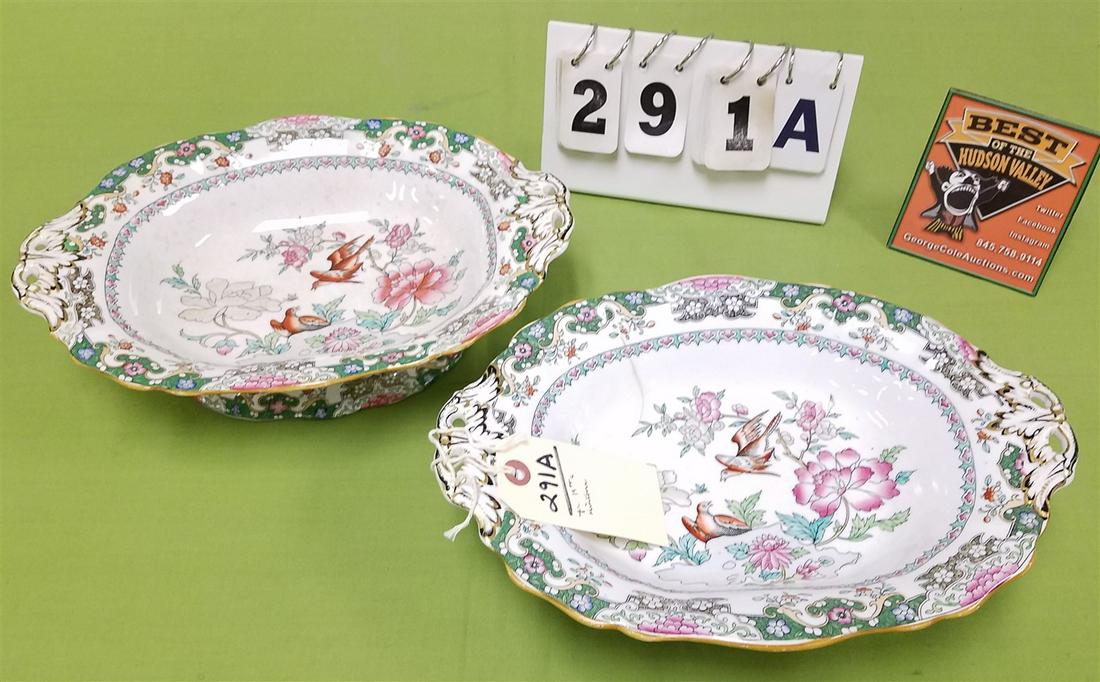 PR. 19th c. MINTONS TRANSFERWARE FOOTED VEG., 3.5"H X: PR. 19th c. MINTONS TRANSFERWARE FOOTED VEG., 3.5"H X 12"W X 8.75"D