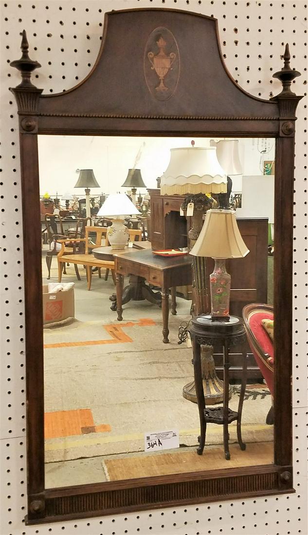 MAHOG. SHIELD FRAMED MIRROR W/ INLAY. 39" X 22.5" (1 of 2)