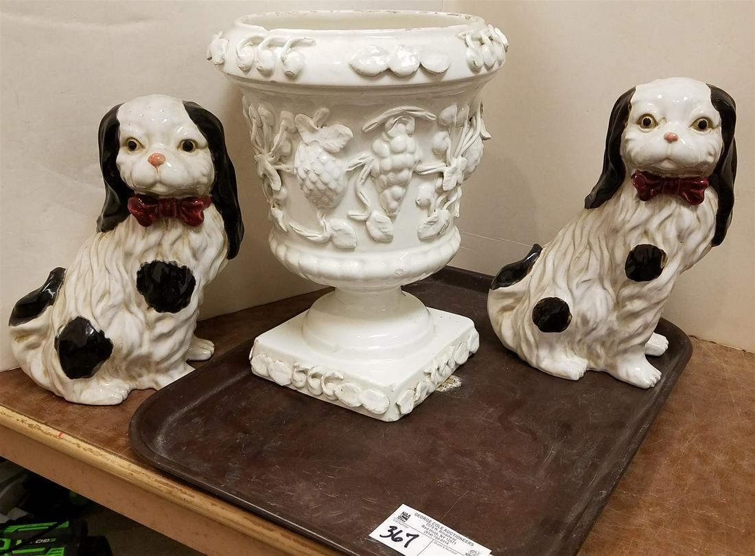 TRAY 2 CERAMIC SPANIELS, 10" + ITALY CERAMIC URN, 12"H (1 of 4)