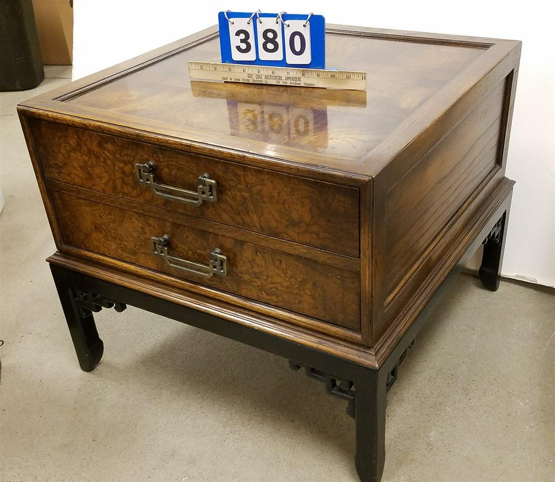 HEKMAN 2 DRAWER OAK PARQUETRY TOP STAND, 21"H X 25.5"W (1 of 2)