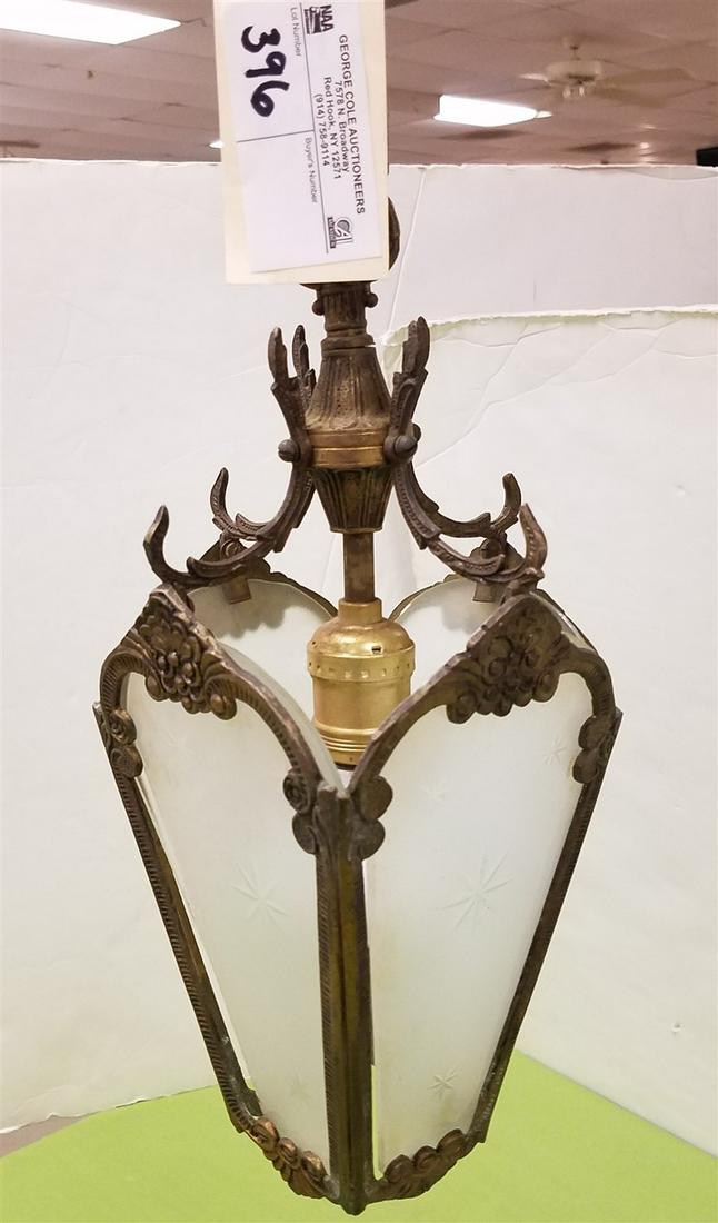 BRASS HANGING LANTERN, 13"H W/ CUT + FROSTED PANELS (1 of 2)