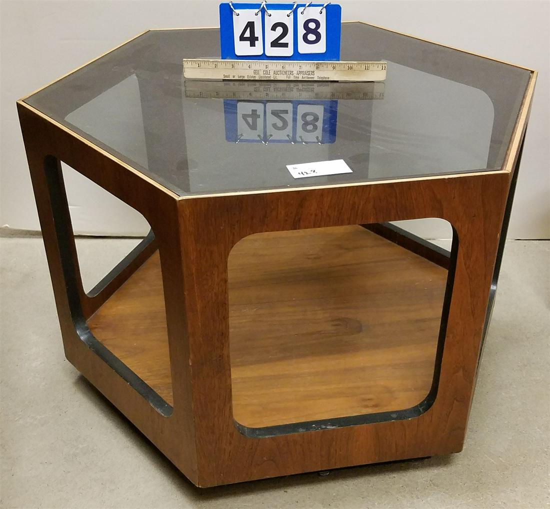 MODERN WOODEN BASE GLASS TOP HEXAGONAL TABLE, 20.25"H X (1 of 3)