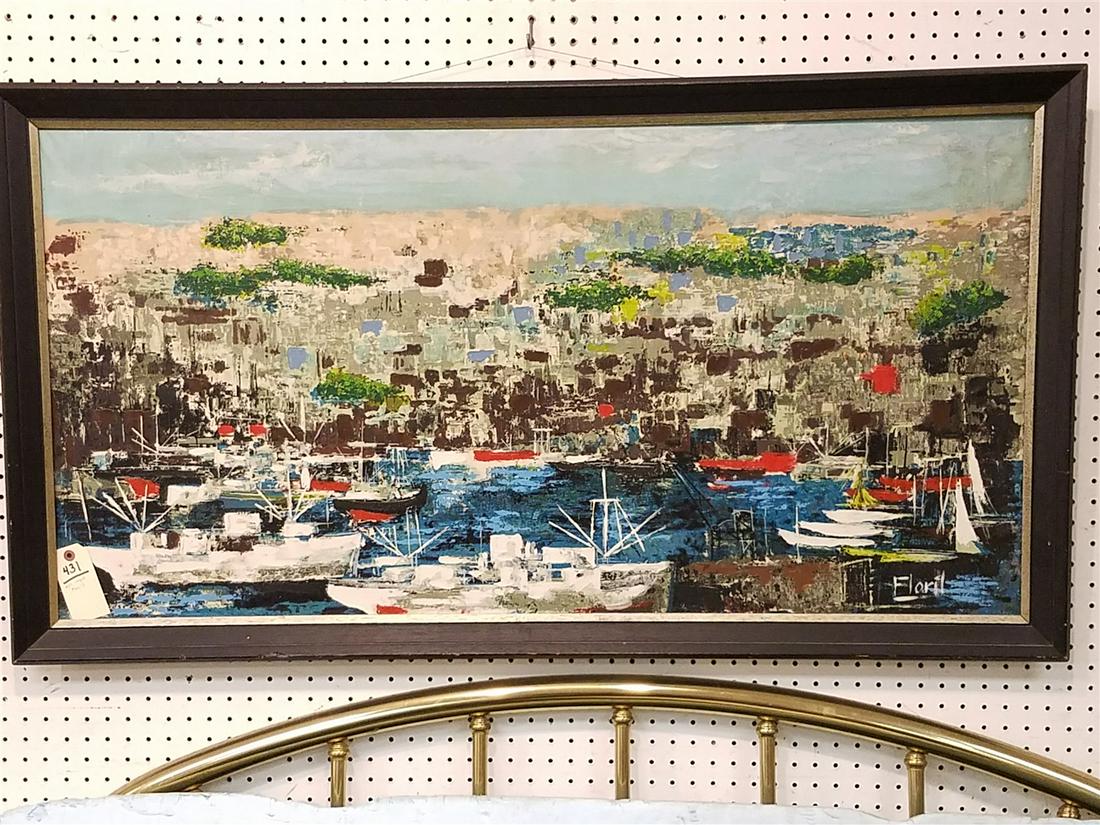 FRAMED MID CENTURY O/C DOCK SCENE, SGND. FLORIL, 24" X (1 of 3)