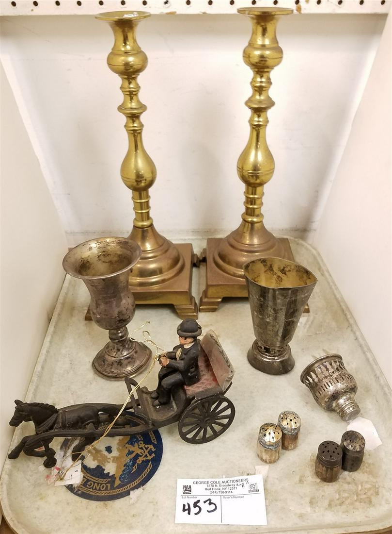 TRAY 13.5" BRASS CANDLESTICKS, CAST IRON HORSE + WAGON, (1 of 1)