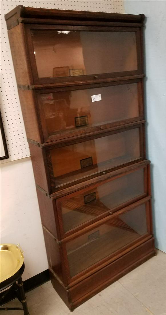 GLOBE WERNICKE 5 SECTION STACKABLE OAK BOOKCASE, 76"H X (1 of 2)