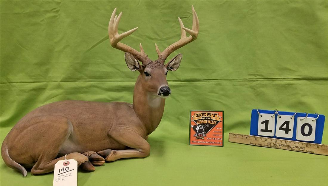 STONEWARE SCULPTURE OF A WHITE TAILED DEER, SGND. HEIDI (1 of 4)