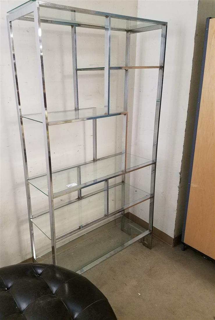 CHROME ETAGERE W/ GLASS SHELVES, 6'7"H X 42"W X 16"D (1 of 2)