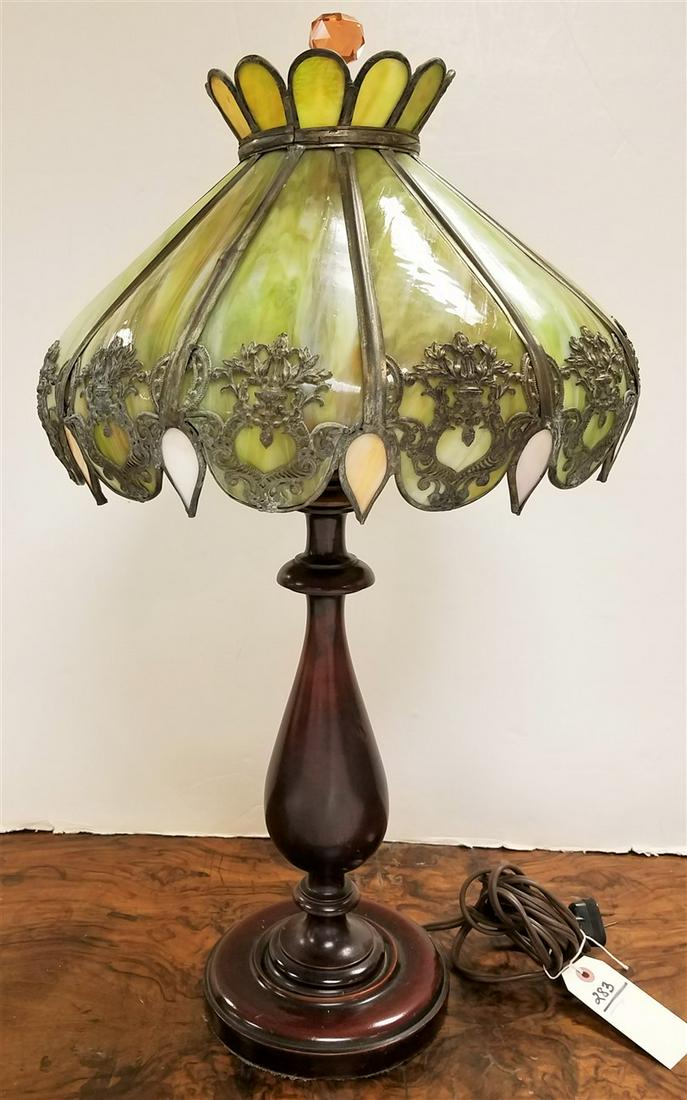 VINTAGE SLAG GLASS SHADE WOODEN BASE TABLE LAMP, 27" (1 of 3)
