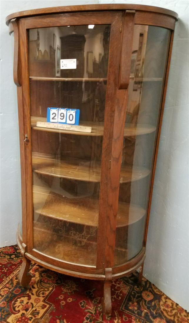 OAK CURVED GLASS CHINA CABINET, 63"H X 35"W X 15.5"D: OAK CURVED GLASS CHINA CABINET, 63"H X 35"W X 15.5"D