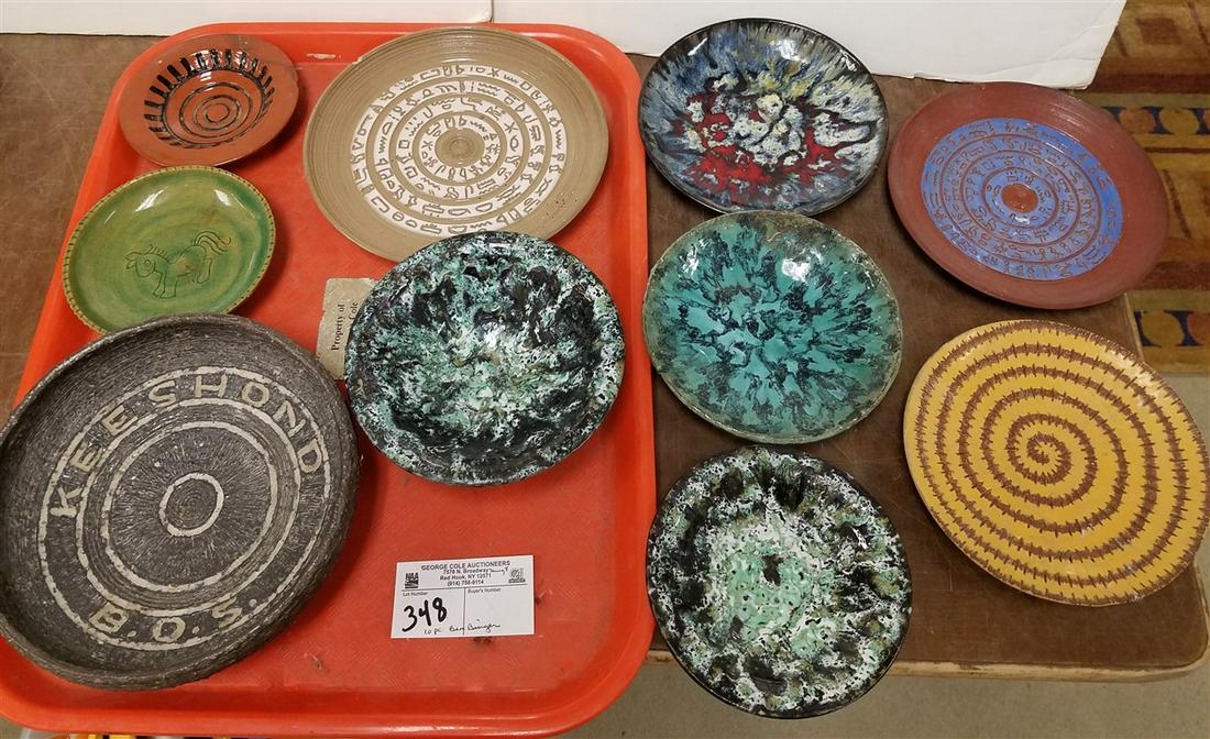 TRAY 10 POTTERY PLATES + BOWLS SGND. BEA BINGER (1 of 1)