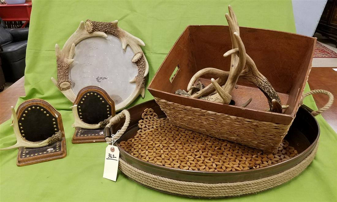 COPPER TRAY W/ WOODEN + WOVEN STRAW BASKET W/ ANTLER (1 of 2)