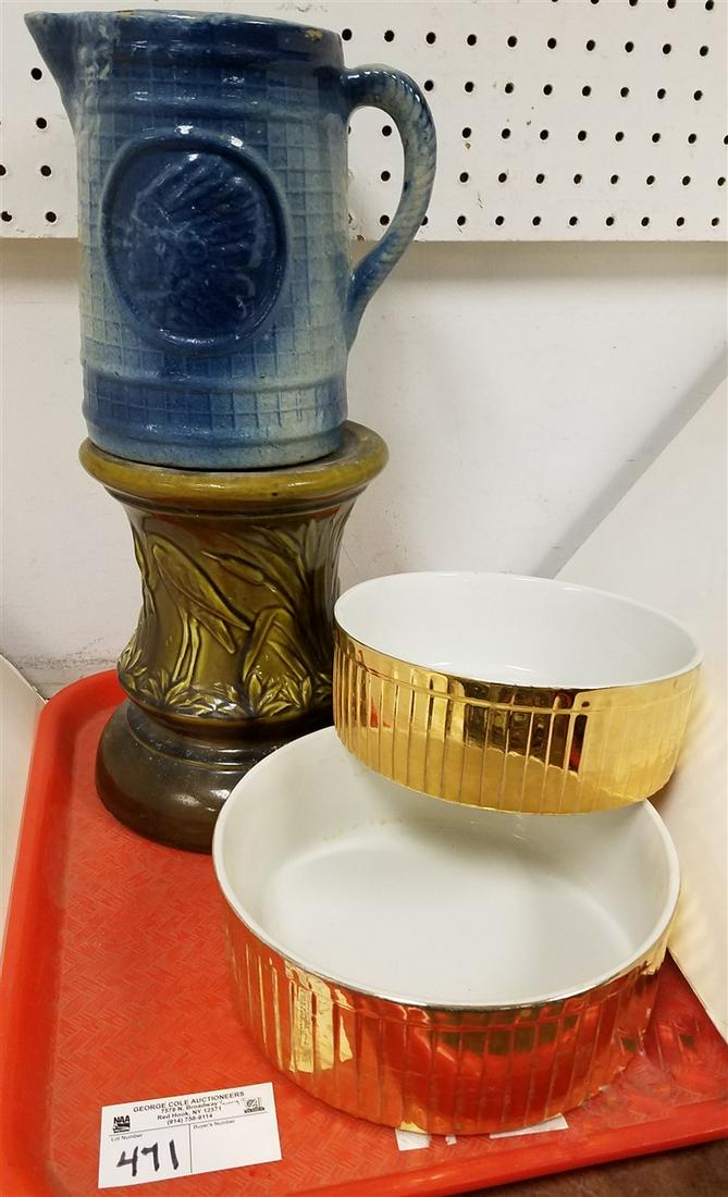 TRAY STONEWARE PITCHER, 2 HALL'S BOWLS, + POTTERY (1 of 3)