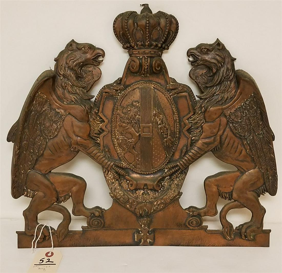 19th c. EMBOSSED COPPER COAT OF ARMS, SGND, BERG 16.5"H: 19th c. EMBOSSED COPPER COAT OF ARMS, SGND, BERG 16.5"H X 18.5"W