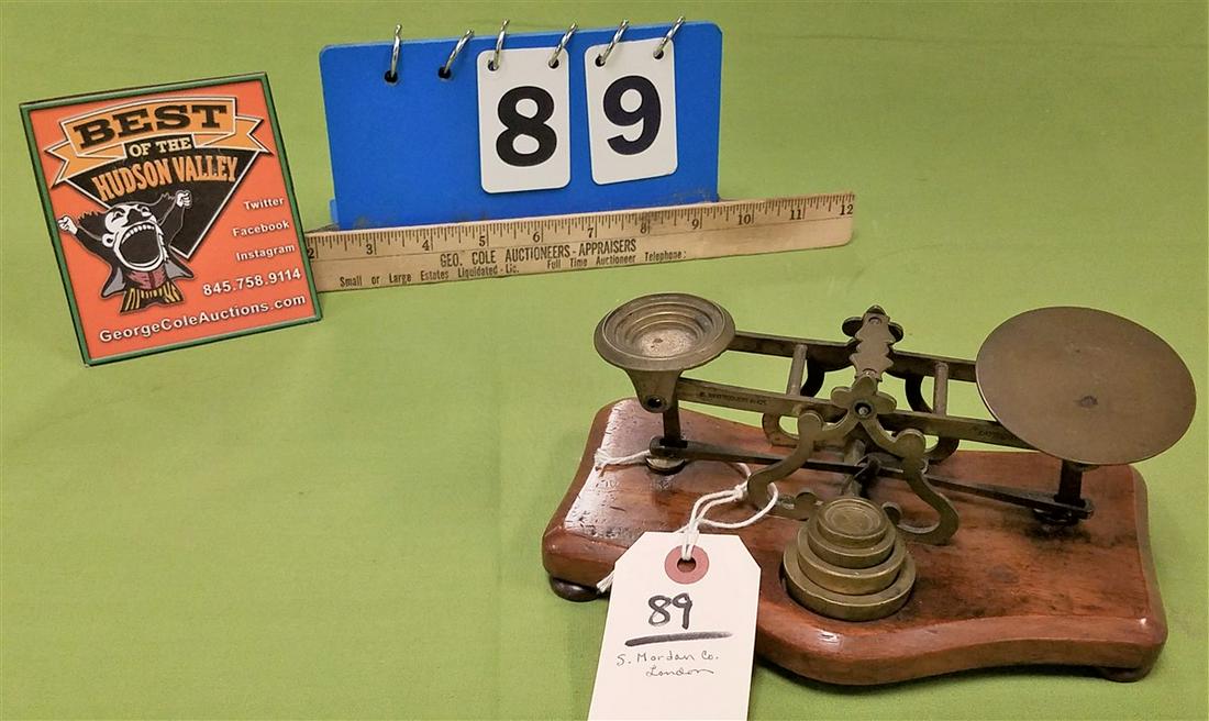 S. MORDON CO, LONDON SCALE W/ WEIGHTS, 3.5"H X 7.75"W X: S. MORDON CO, LONDON SCALE W/ WEIGHTS, 3.5"H X 7.75"W X 5"D