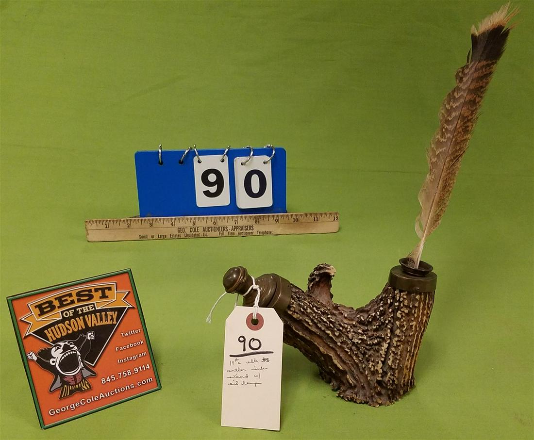 19th c. ELK ANTLER INK STAND W/ OIL LAMP, 4.5"H X 7"L: 19th c. ELK ANTLER INK STAND W/ OIL LAMP, 4.5"H X 7"L