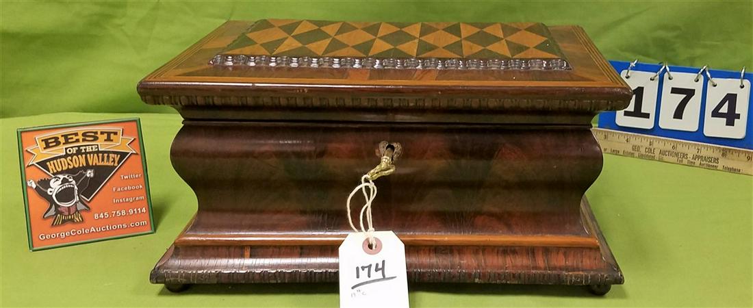 19th c. ROSEWOOD SEWING BOX W/ ELABORATE INLAY, 7"H X: 19th c. ROSEWOOD SEWING BOX W/ ELABORATE INLAY, 7"H X 14"W X 10"D