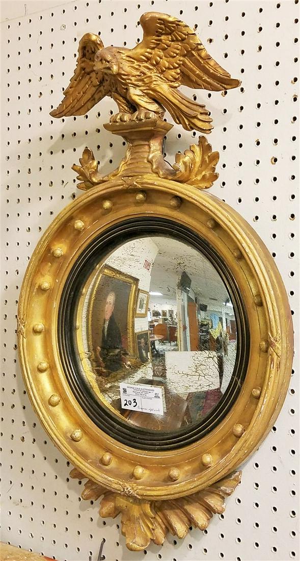 EMPIRE GILTWOOD FRAMED CONVEX MIRROR, 28" X 17.5": EMPIRE GILTWOOD FRAMED CONVEX MIRROR, 28" X 17.5"