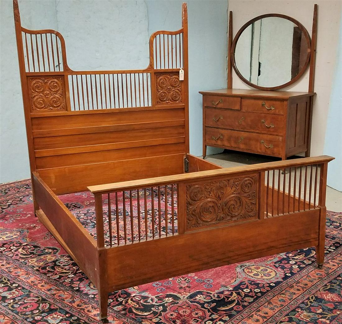 c.1890 2 PC. CHERRY BED SET MADE BY THE TOBEY FURN. CO.: c.1890 2 PC. CHERRY BED SET MADE BY THE TOBEY FURN. CO. CHICAGO-FULL SIZE BED W/ 6' HEADBOARD + 4 DRAWER DRESSER