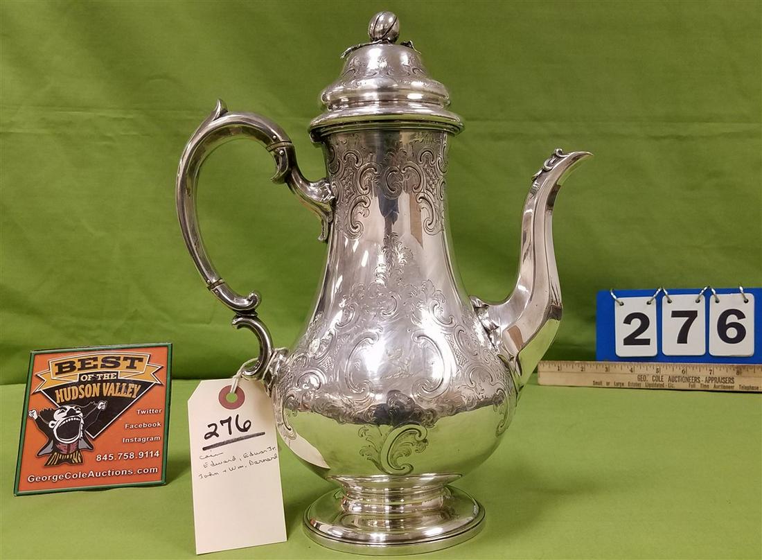 COIN SILVER TEA POT, EDWARD, EDWARD JR. JOHN + WM.: COIN SILVER TEA POT, EDWARD, EDWARD JR. JOHN + WM. BARNARD, 11.5" 27.70 OZT