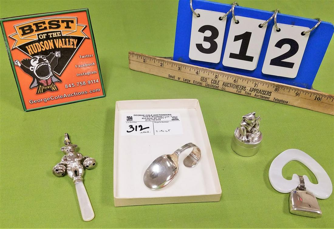 LOT BABY ITEMS-SPOON, TIFFANY TEDDY BEAR BX, RATTLE: LOT BABY ITEMS-SPOON, TIFFANY TEDDY BEAR BX, RATTLE TEETHING RING W/ BELL, 3.14 OZT