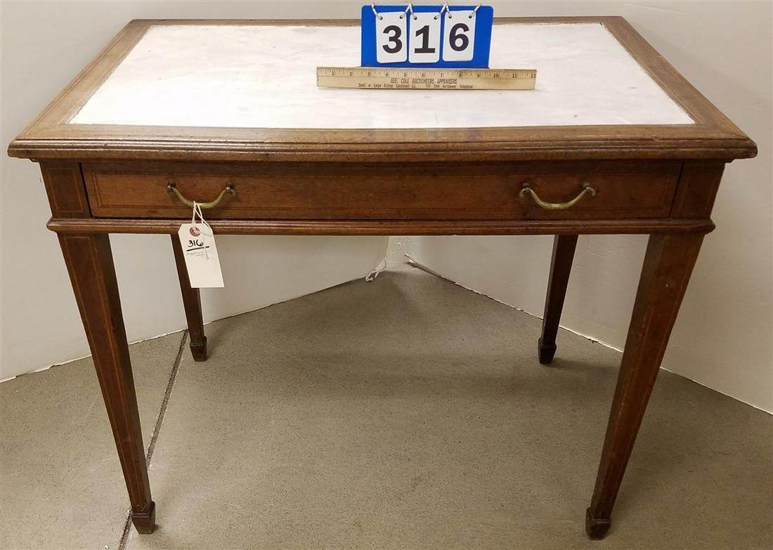 HEPPLEWHITE STYLE MAHOG. 1 DRAWER TABLE W/ BAND INLAY,: HEPPLEWHITE STYLE MAHOG. 1 DRAWER TABLE W/ BAND INLAY, 29.5"H X 35.5"W X 23.5"D
