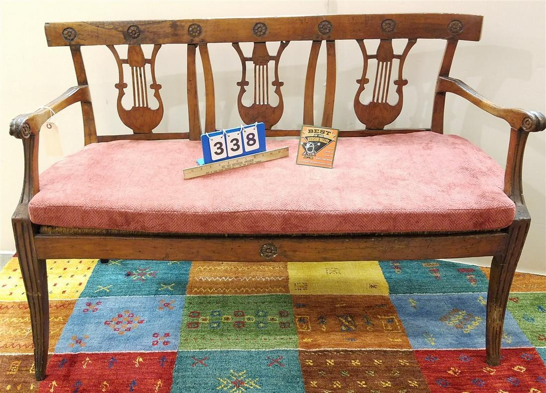 18th c. LYRE BACK SETTEE, 33" X 4'W: 18th c. LYRE BACK SETTEE, 33" X 4'W
