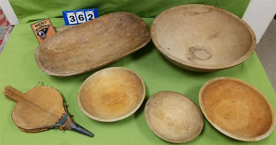 BX PRIM. WOODEN BOWLS, TROUGH, BELLOWS: BX PRIM. WOODEN BOWLS, TROUGH, BELLOWS