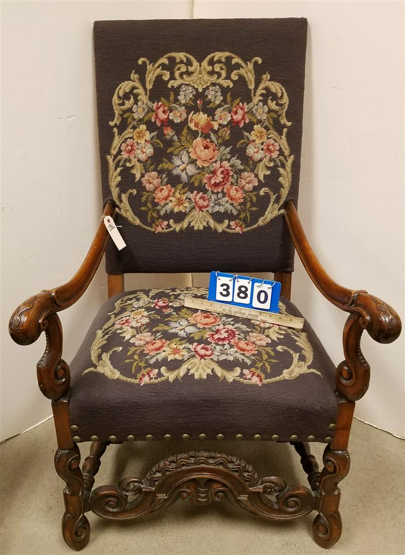 FLEMISH STYLE ARMCHAIR W/ NEEDLEPOINT UPHOLS.: FLEMISH STYLE ARMCHAIR W/ NEEDLEPOINT UPHOLS.