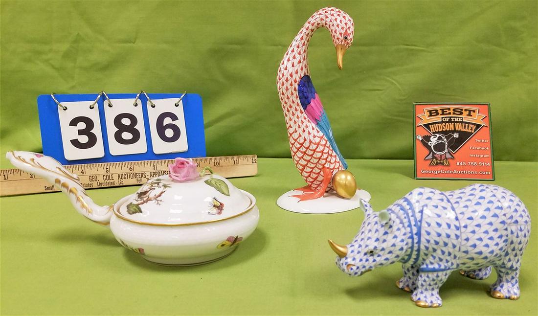 TRAY 3PC. HEREND- RHINO HAS CHIPPED HORN, GOOSE HAS: TRAY 3PC. HEREND- RHINO HAS CHIPPED HORN, GOOSE HAS REPAIRED NECK + COVERED SERVER HAS CHIP