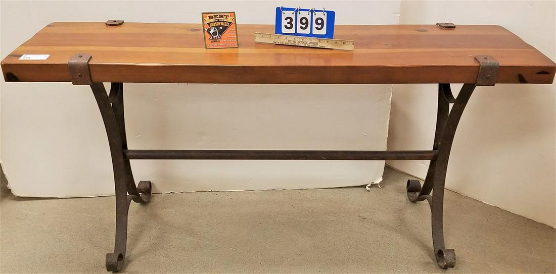 WROUGHT BASE PINE TOP SOFA TABLE, 28.5"H X 5'W X: WROUGHT BASE PINE TOP SOFA TABLE, 28.5"H X 5'W X 16.75"D