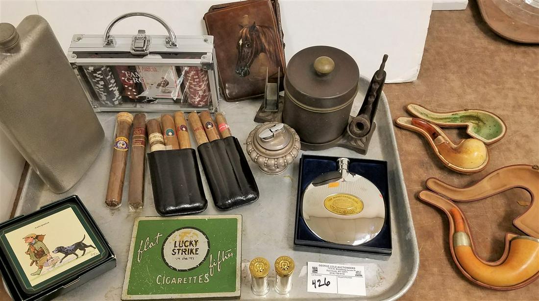 TRAY GENT'S LOT- FLASKS, TOBACCO RELATED CIGARS,: TRAY GENT'S LOT- FLASKS, TOBACCO RELATED CIGARS, MEERCHAUM PIPES, BERETTA SHOTGUN SHELL SALT/PEPPER SET