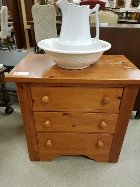 PINE 3 DRAWER CHEST. 26"H X 27"W X 17"D + IRONSTONE: PINE 3 DRAWER CHEST. 26"H X 27"W X 17"D + IRONSTONE PITCHER + BOWL