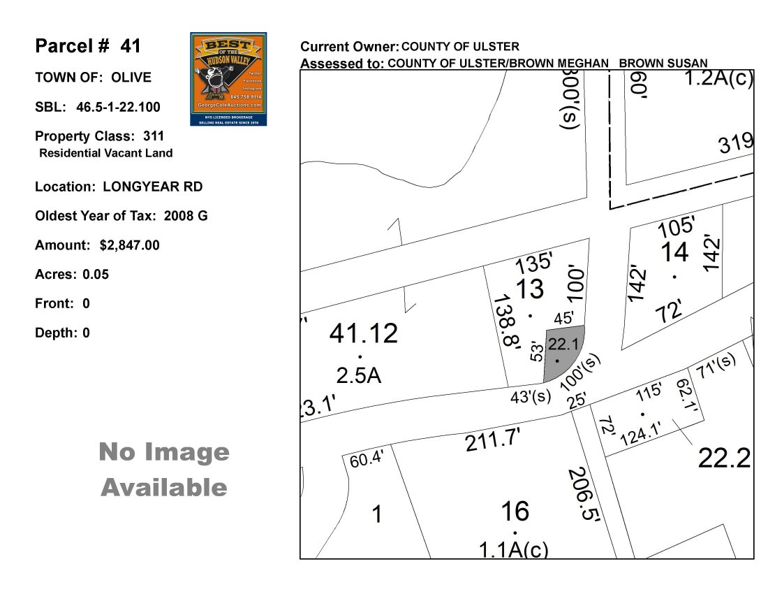 Town of Olive - SBL: 46.5-1-22.1 - Longyear Rd: PARCEL #41 TOWN: OLIVE ASSESSED TO: COUNTY OF ULSTER/BROWN MEGHAN BROWN SUSAN CURRENT OWNER: COUNTY OF ULSTER SBL#: 046.005-0001-022.100-0000 CLASSIFICATION: 311 LOCATION: LONGYEAR RD ACREAGE: .25 NOW