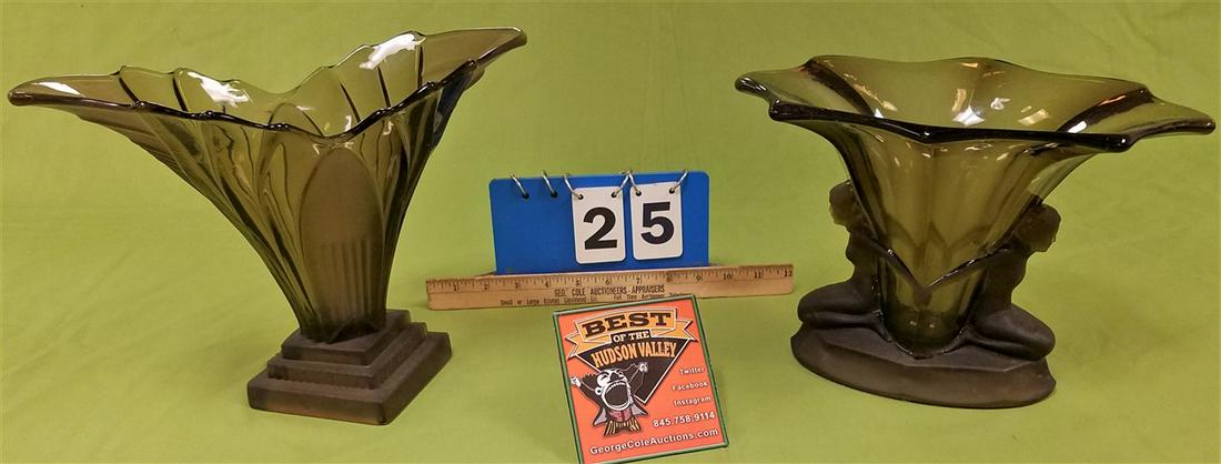 TRAY 2 FR. DECO GLASS VASES, 8"H X 11"W X 7.5"D + 9.5"H (1 of 13)