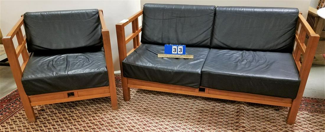 MODERN CHERRY SETTEE W/ LEATHER CUSHIONS, 27.5"H X 46"W (1 of 3)