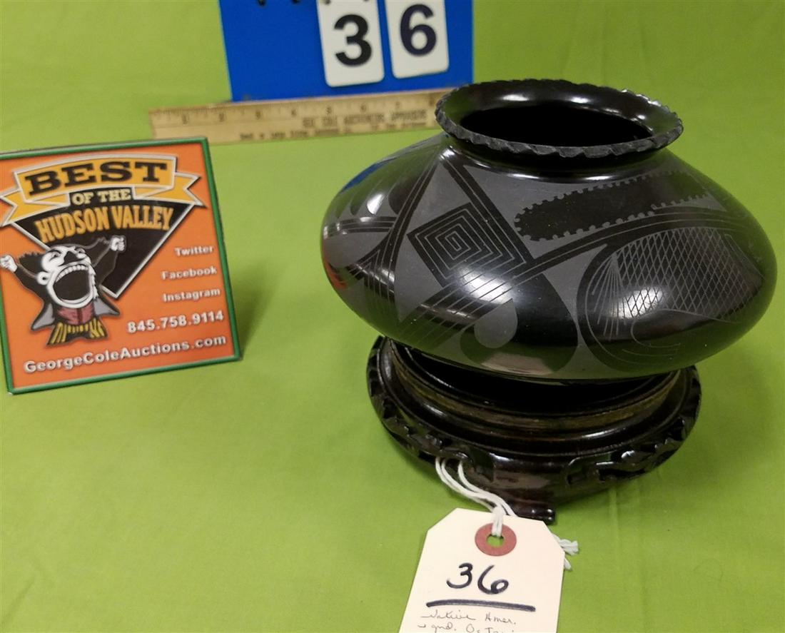 NATIVE AMERICAN BLACK POTTERY VASE, SGND. OCTAVIO (1 of 6)