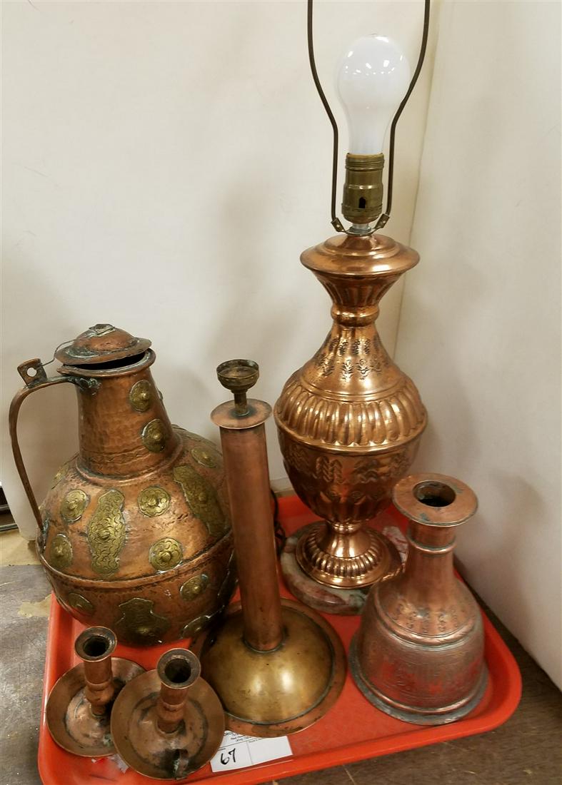 TRAY COPPER PITCHER, VASE, CANDLESTICKS, LAMP (1 of 2)