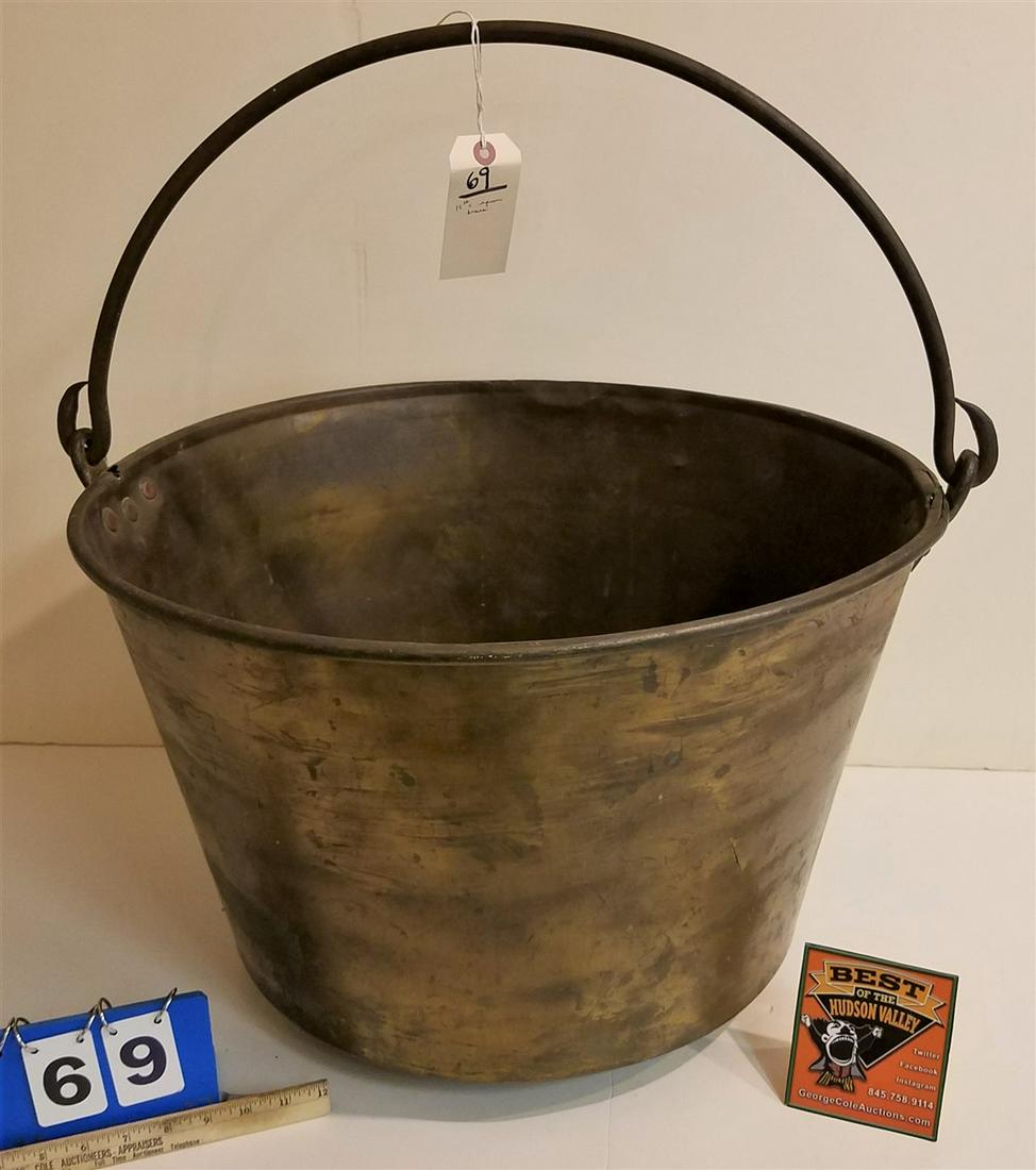 19th c. SPUN BRASS BUCKET W/ WROUGHT HANDLES, 14.5"H X (1 of 3)