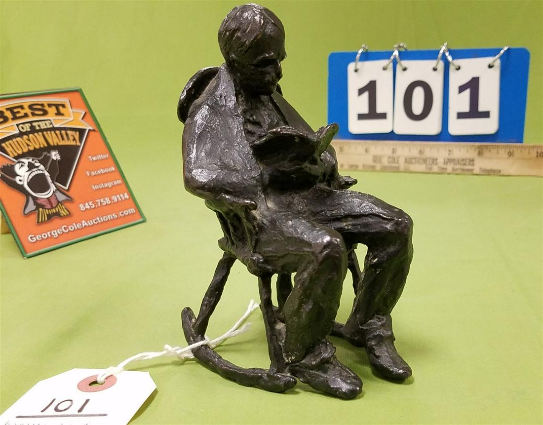 BRONZE MAN READING IN ROCKING CHAIR, SGND. BARDOS,: BRONZE MAN READING IN ROCKING CHAIR, SGND. BARDOS, 5.5"H