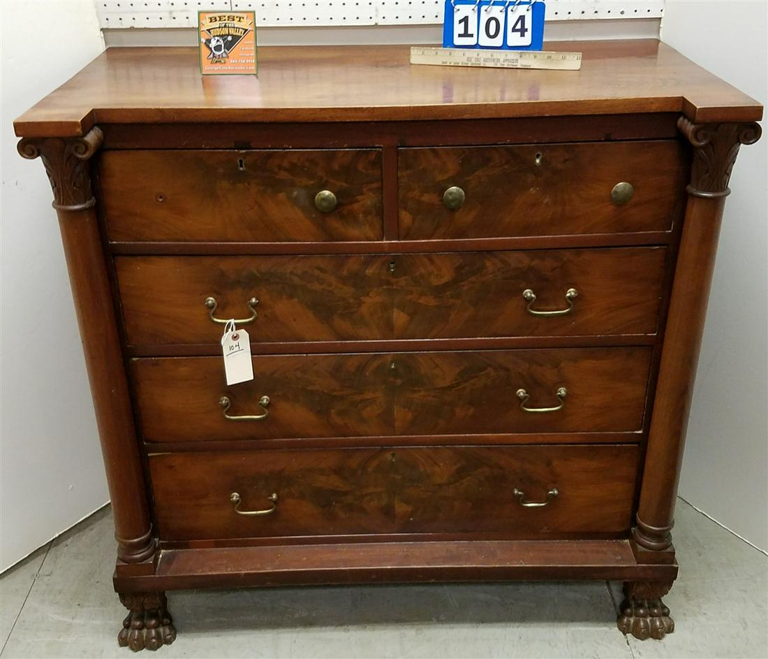19th c. EMPIRE MAHOG. 5 DRAWER CHEST, 40.5"H X 42.25"W (1 of 2)