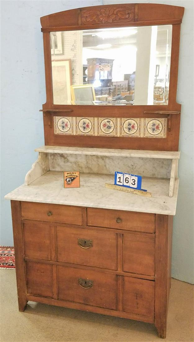 VICT. MARBLE TOP WASH STAND W/ MIRRORED + TILED: VICT. MARBLE TOP WASH STAND W/ MIRRORED + TILED GALLERY. 71" H X 37"W X 22.5"D