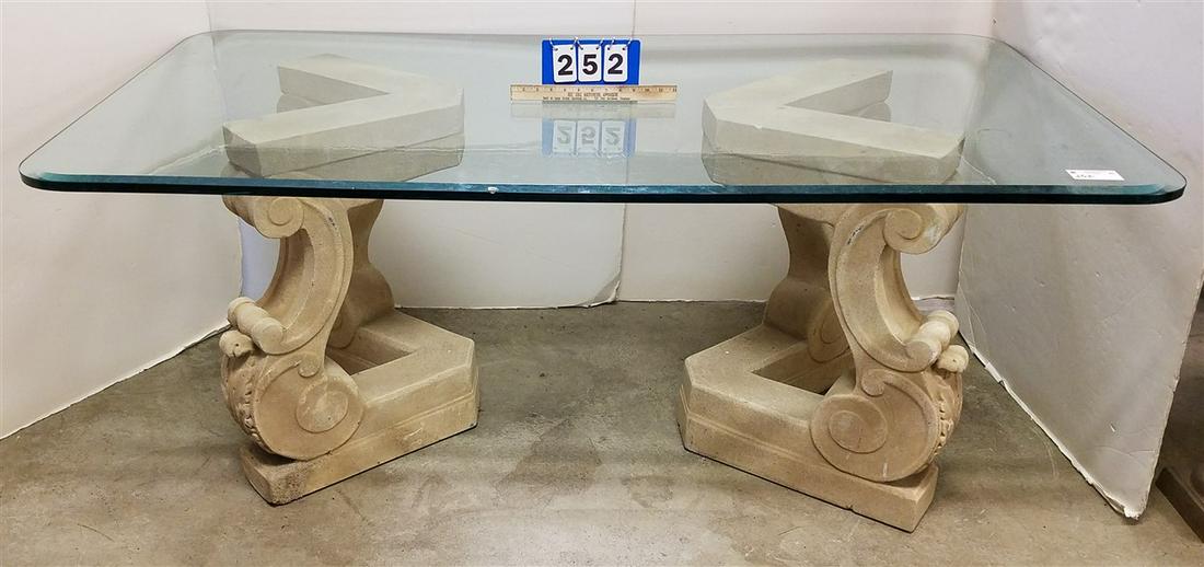 CAST CEMENT BASE BEVELLED GLASS TOP TABLE, 30"H X 70"W (1 of 3)