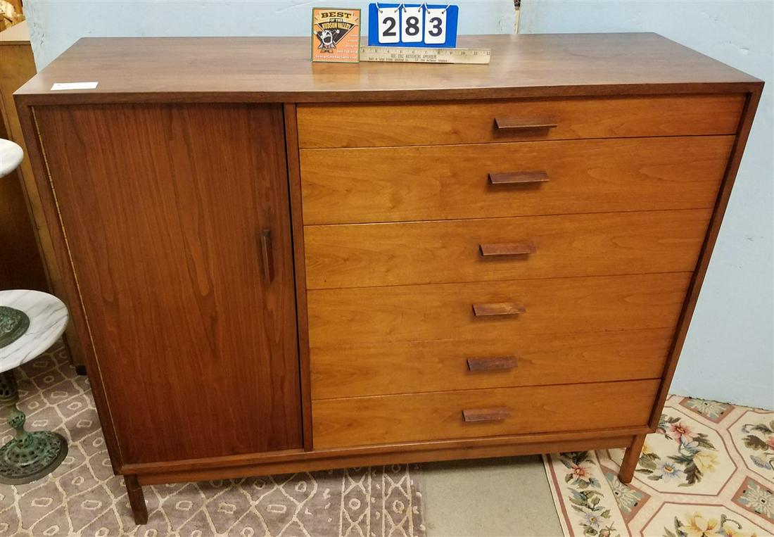 MID CENTURY TEAK 6 DRAWER/1 DOOR CHEST, 44"H X 53.5"W X: MID CENTURY TEAK 6 DRAWER/1 DOOR CHEST, 44"H X 53.5"W X 18"D