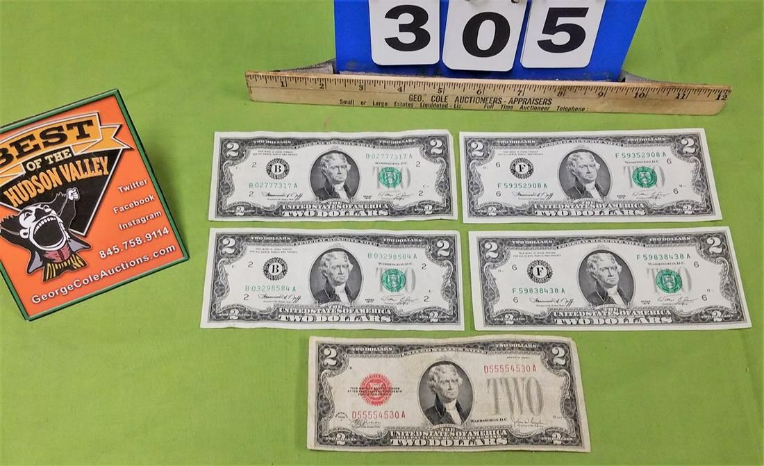 LOT 5-$2 BILLS-1928F SERIES RED SEAL US NOTE, 4-1979 (1 of 8)