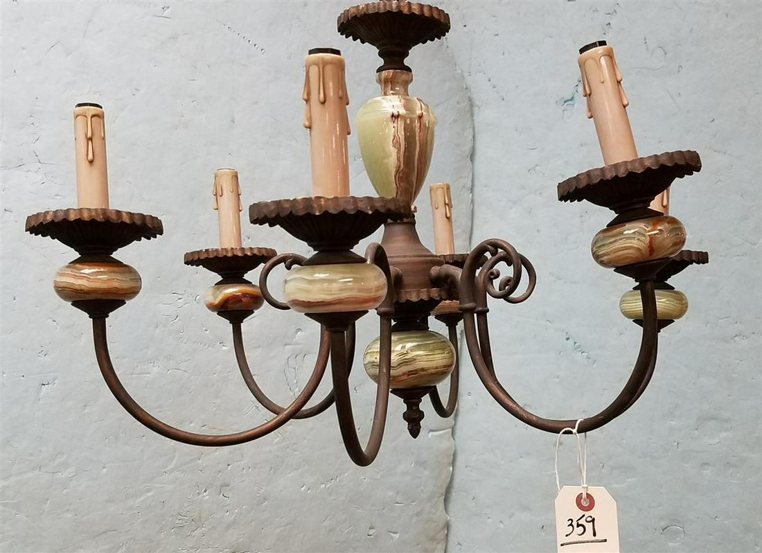 6 ARM CHANDELIER W/ ALABASTER MOUNTS, 16"H X 24" DIAM.: 6 ARM CHANDELIER W/ ALABASTER MOUNTS, 16"H X 24" DIAM.