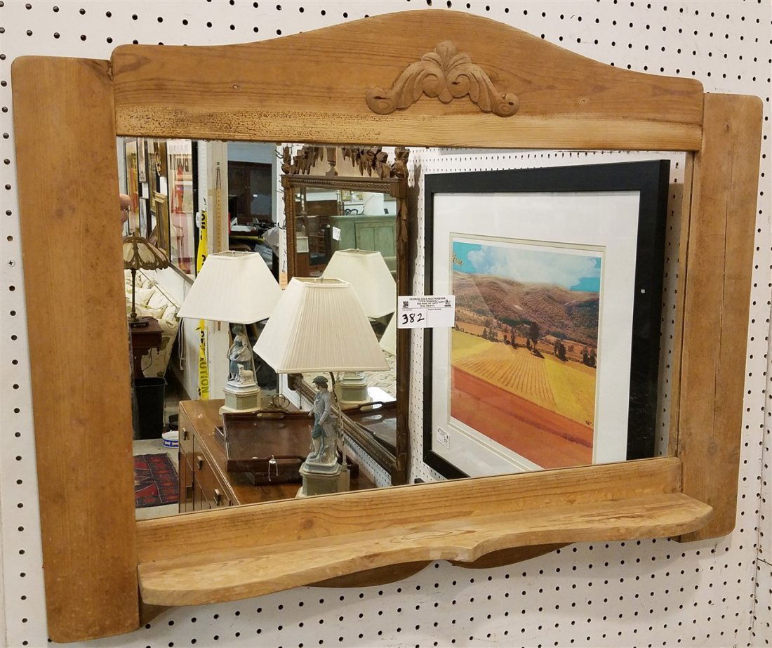 SCRUBBED PINE FRAMED MIRROR W/ SHELF, 26.5" X 35.5" (1 of 1)