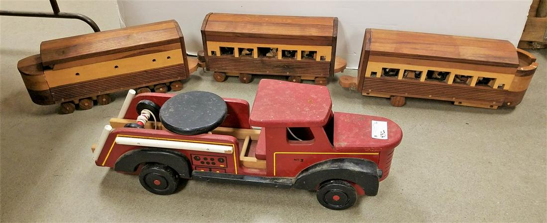 WOODEN TOYS-FIRE TRUCK 12"H X 34"L + 3 TRAIN CARS 9"H X (1 of 6)