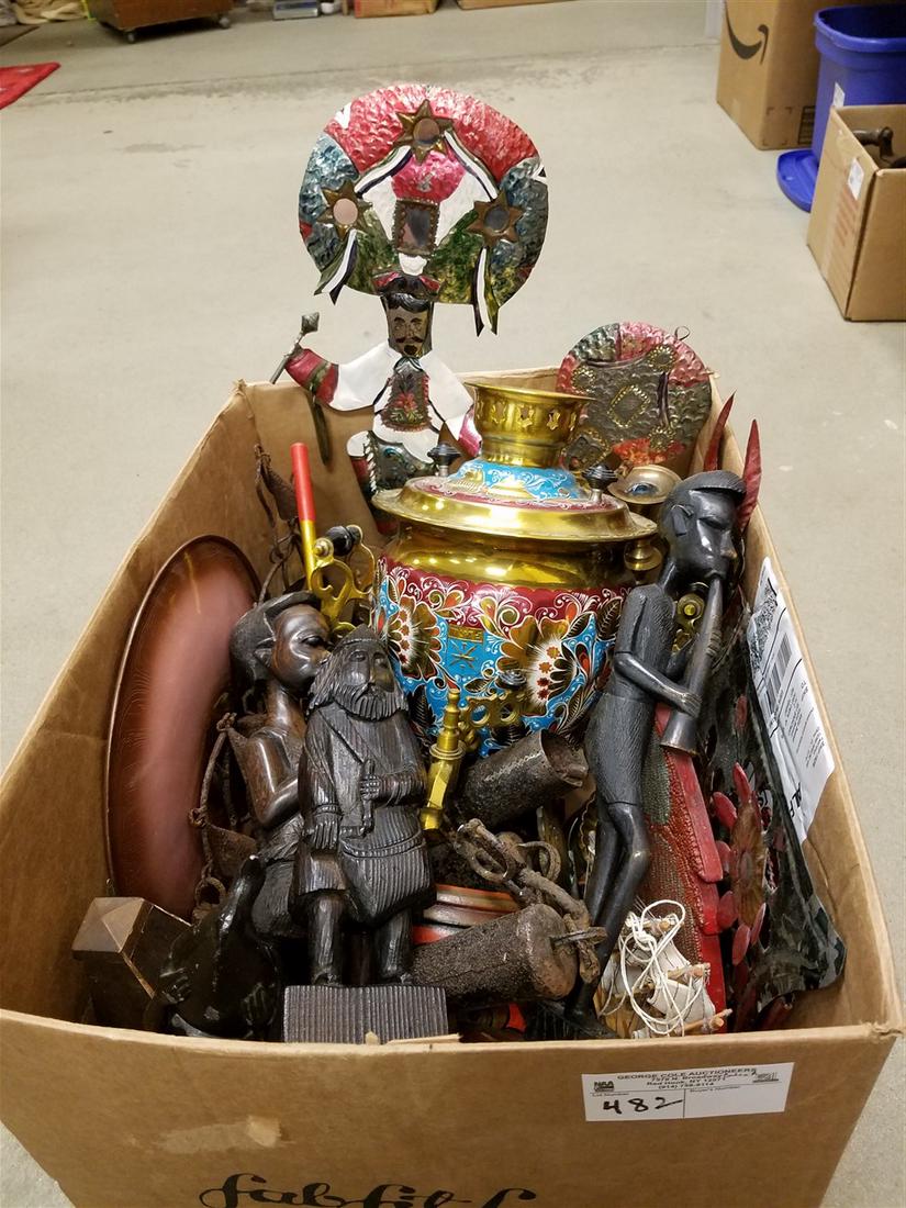 BOX OF MISC WOOD CARVINGS, SAMOVAR, MEXICAN TIN ART, (1 of 3)