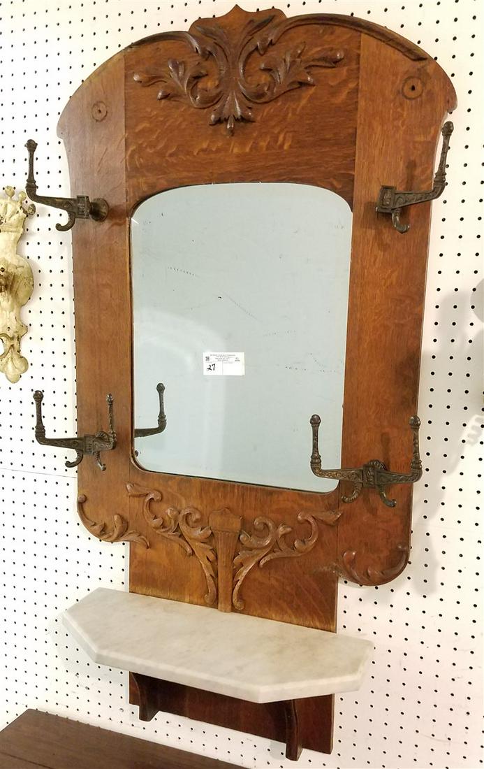 OAK HANGING MIRRORED COAT RACK W/ MARBLE SHELF, 46"H X (1 of 1)
