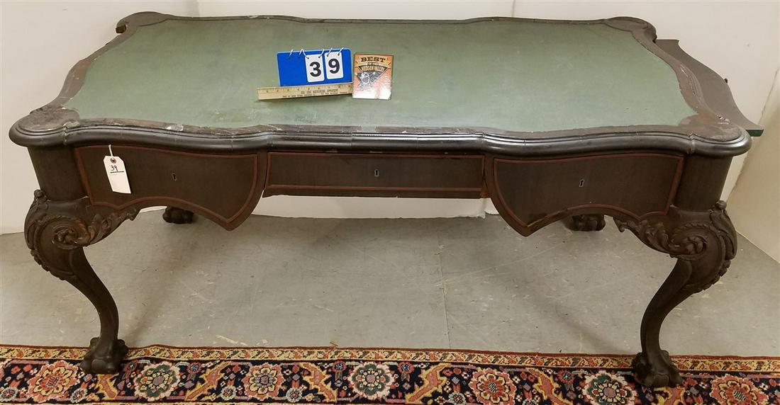 c.1910 CARVED MAHOG. CHIPPENDALE STYLE 3 DRAWER DESK, (1 of 4)